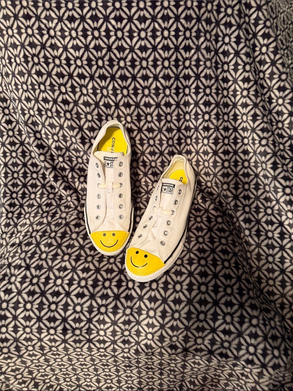 Converse Low-Top White Canvas Sneakers with Yellow Smiley Toe Caps